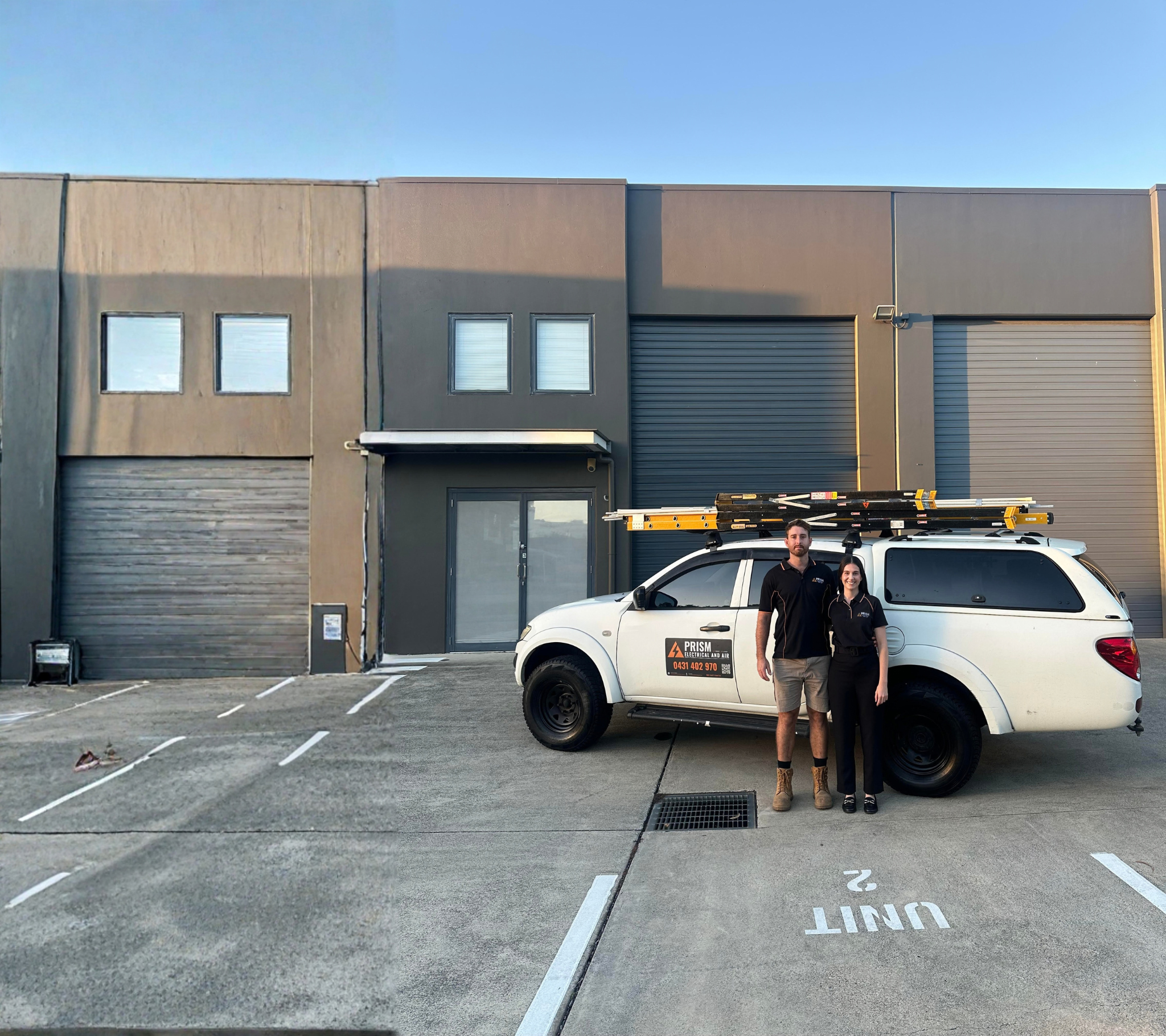 Bailey and Claudia beside the Prism Electrical and Air work ute